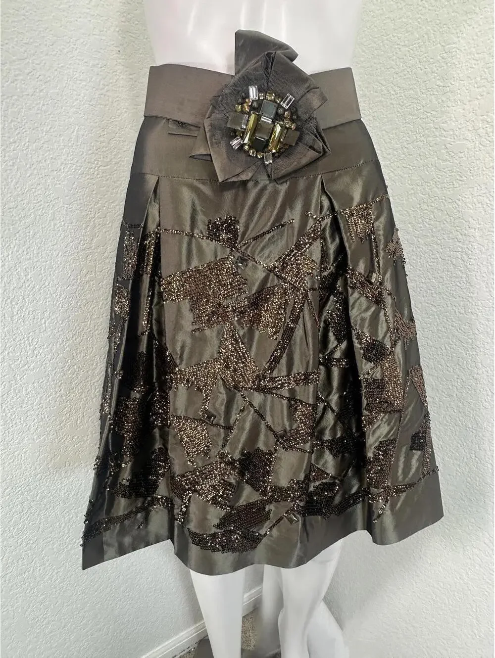 Womens Sz 6 Per Se Gunmetal Gray Silk Skirt Pleated Embellished Luxe Cocktail